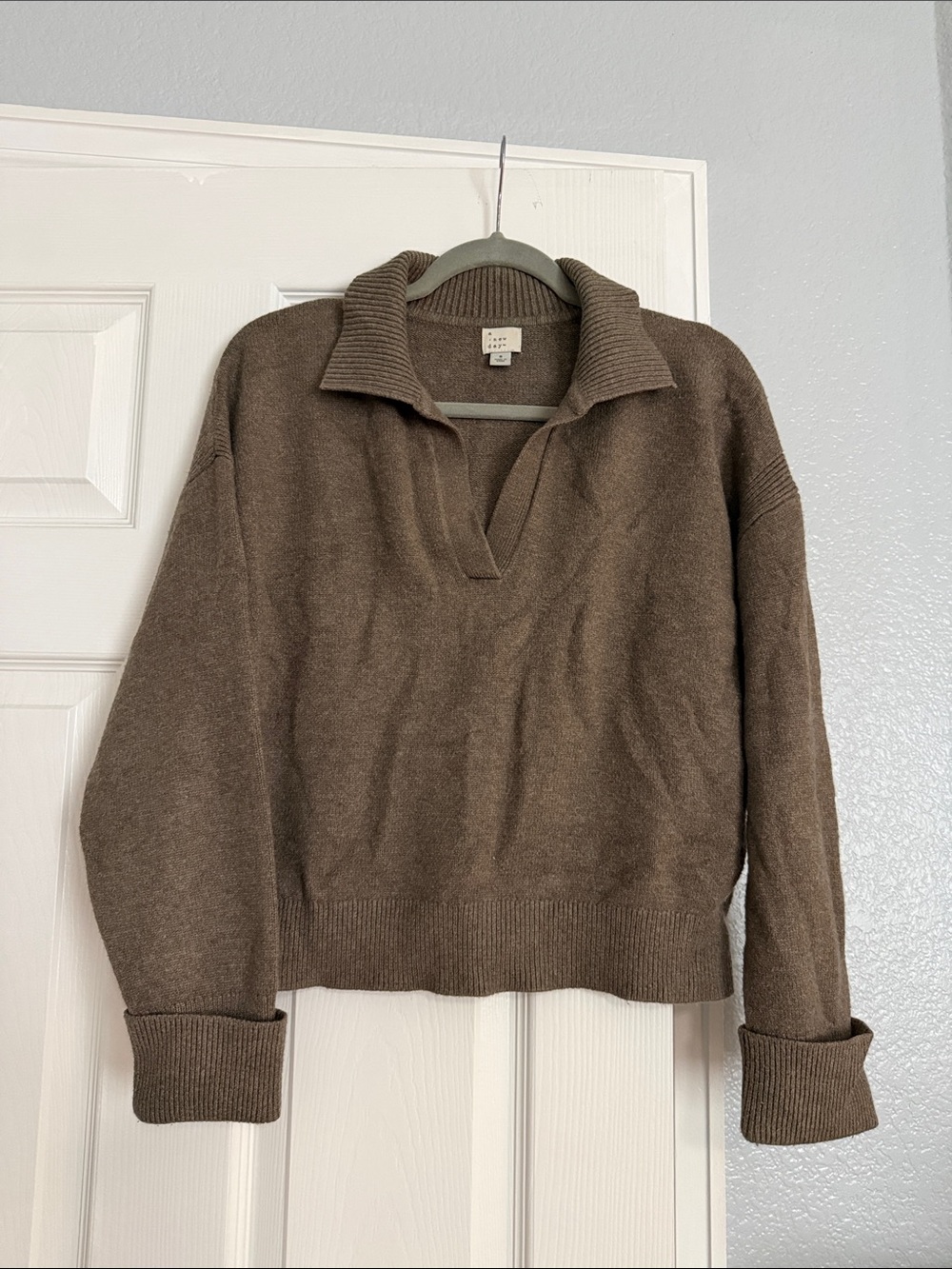 A New Day Brown Collared V-Neck Cozy Sweater